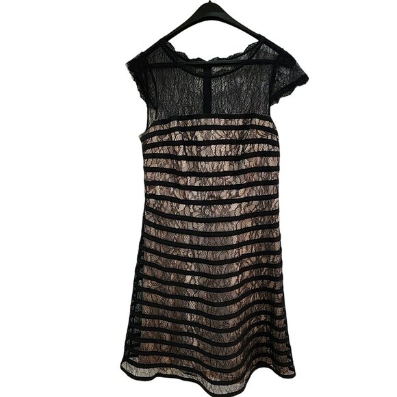 Adrianna Papell Lace Cocktail Midi Dress With Sheer Neck And Hem In Black Size L - Picture 11 of 14